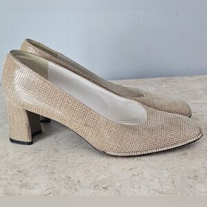 Stuart Weitzman Pumps Womens 6 Beige Block Heel Shoes Herringbone Square Toe